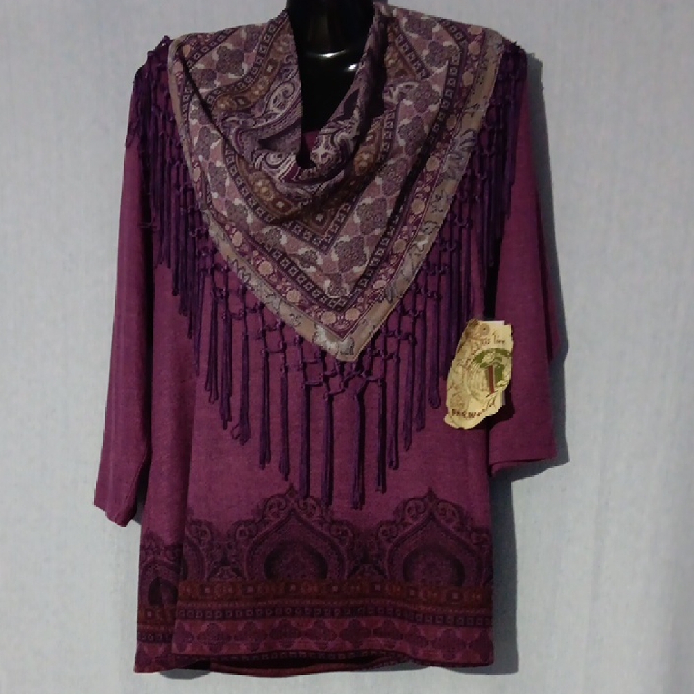 One World Live Let Live Purple Fringe Detachable Scarf Top Blouse Sweater NWT PS